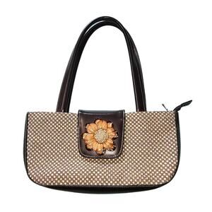 Cream & Brown Woven Faux Rattan & Faux Leather Purse with Flower Accent